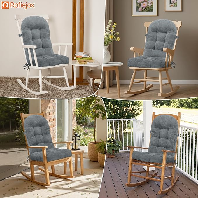 Rocking Chair Cushion - Chenille Fabric, High-Density Sponge, Durable Comfort Non-Slip Bottom Tufted Seat Pads with Ties, Chenille︱Light Grey, 44x19x4 inch