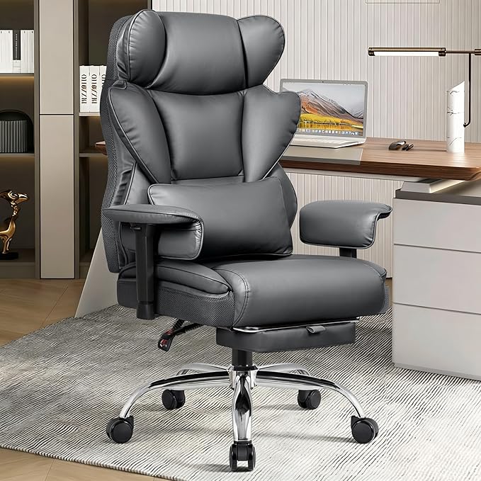 BESTFAIR Big and Tall Office Chair for Heavy People - 400 LBS Capacity Executive Chair with High Back & Footrest, Ergonomic Wide Padded Seat Computer Gaming Chair, Smoke Gray