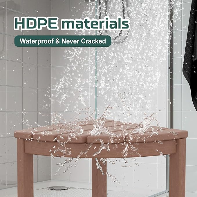 Corner Shower Stool for Inside Shower, HDPE Waterproof Shower Bench Seat Chair, Teak-Color Plastic Bath Shower Stool for Shaving Legs Foot Rest with Storage Shelf, Adjustable & Non-Slip Feet
