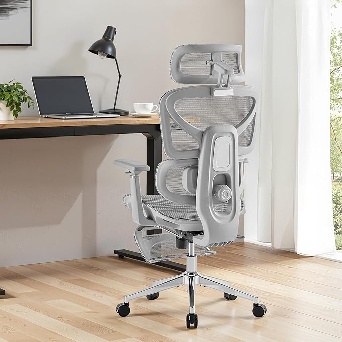Cozyman Ergonomic Office Chair with Footrest - 5-Level Adjustable Lumbar Support & 90-135°Recline, 3D Headrest & 4D Armrests, Breathable Mesh Seat Computer Chair for Home Office, Gaming, Light Grey