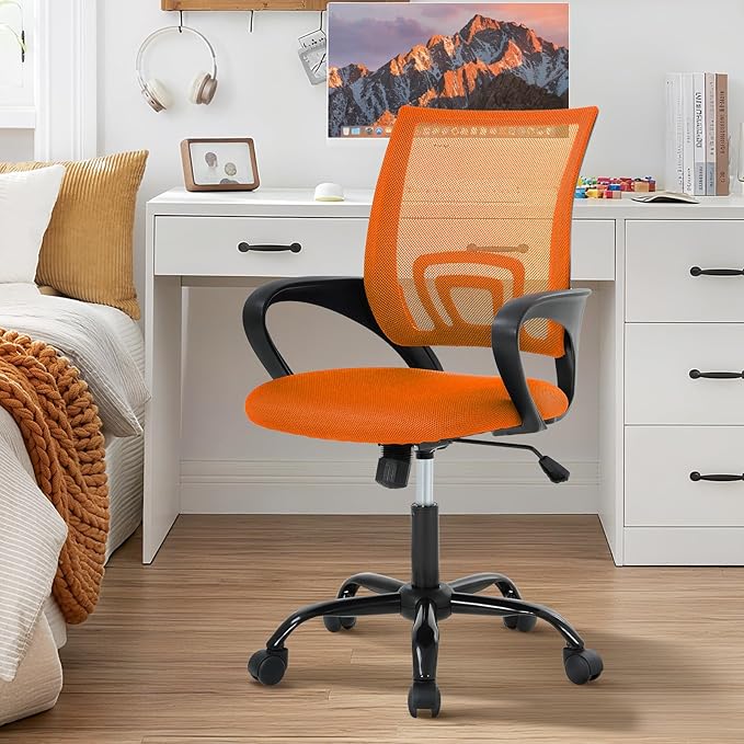 Ergonomic Office Chair Mesh Mid Back with Lumbar Support Armrest, Adjustable Home Desk Chair Comfy Computer Task Drafting Rolling Swivel Chairs for Gaming, Home Work, Study, Orange