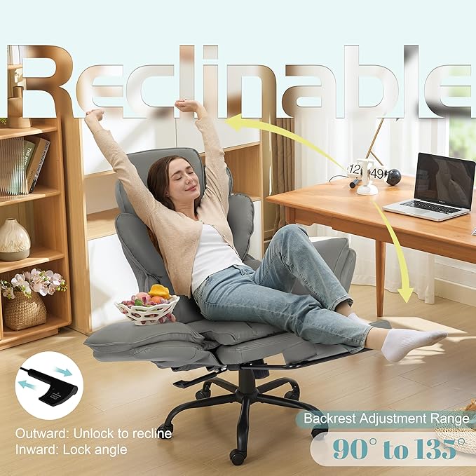 Big and Tall Office Chair, Flip Armrests Criss Cross Office Chair, Reclining Desk Chair with Foot Rest, Adjustable Headrest, Massage Waist Pillow Cross Legged Wide Seat Vanity Chair, PU Leather Grey