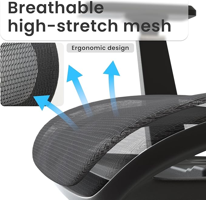 FOH Ergonomic Mesh Office Chair with Breathable Mesh, Computer Desk Chair, Ergonomic Task Chair with Adjustable Backrest Lumbar Support, Armrests and 360°Rotation for Home Office