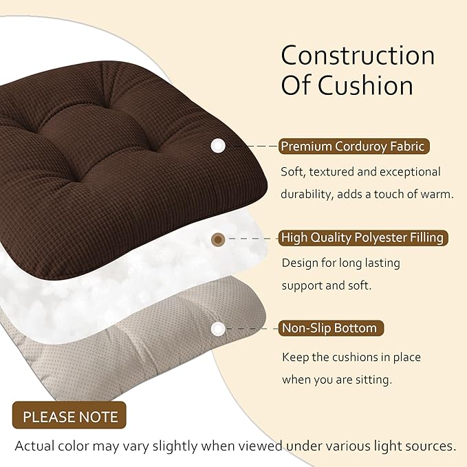 ELFJOY Dining Chair Cushions Set of 2 Thick Non Slip Kitchen Chair Pads with Ties Comfortable Indoor Kitchen Seat Cushions 18" x 18" x 3" Brown
