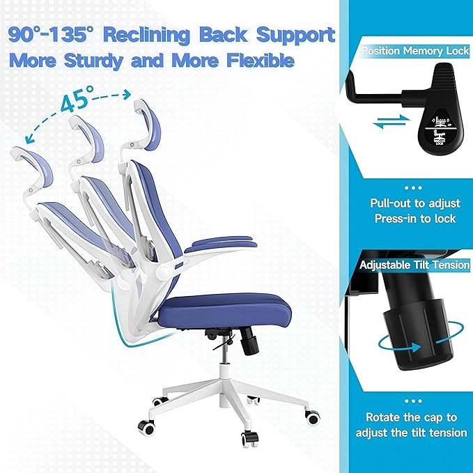 Ergonomic Office Chair - 350LB Comfy Desk Chairs with Adjustable Headrest and Lumbar Back Support, Mesh Computer Chairs with Wheels and Arms for Home Office, Study (Blue-with Headrest)