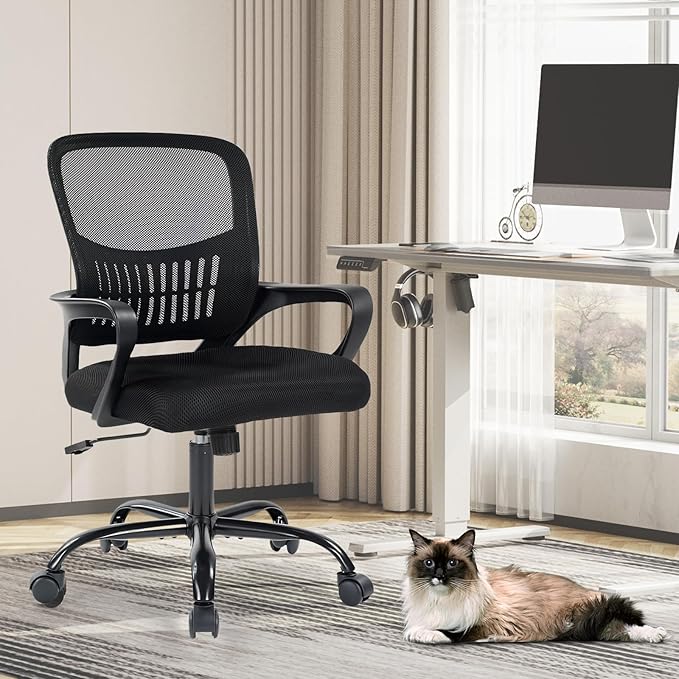 Sweetcrispy Home Office Managerial Executive Chair, Ergonomic Mesh Adjustable Swivel Mid-Back Computer Desk Chair with Comfortable Lumbar Support, Comfy Arms for Bedroom,Study