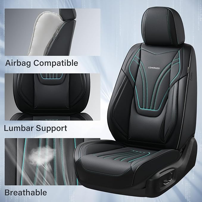 Coverado Car Seat Covers Front Seats, 2 Piece Car Seat Protector with Lumbar Support & Removable Headrest, Breathable Leather Seat Cushion Universal Fit for Truck Automotive Vehicles Black & Blue