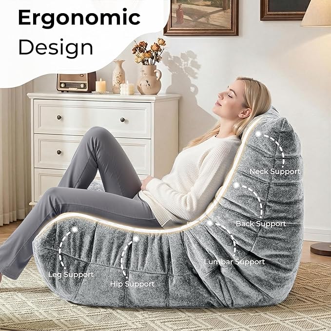 HABUTWAY Bean Bag Chair, Giant Bean Bag Chairs for Adults, Bean Bag Sofa with Filler Faux Fur, Memory Foam Bean Bag Couches Fireside Lazy Sofa for Living Room, Bedroom, Office (Light Grey)
