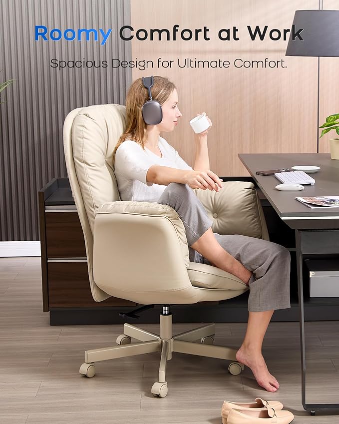 LukkDys Executive Office Chair, Big & Tall 400 lbs Capacity, Wide Seat, PU Leather, 5-Gear Lay-Flat Armrests (90°–180°) for Cross-Legged Comfort, 90–115° Recline, High Back Desk Chair, Beige