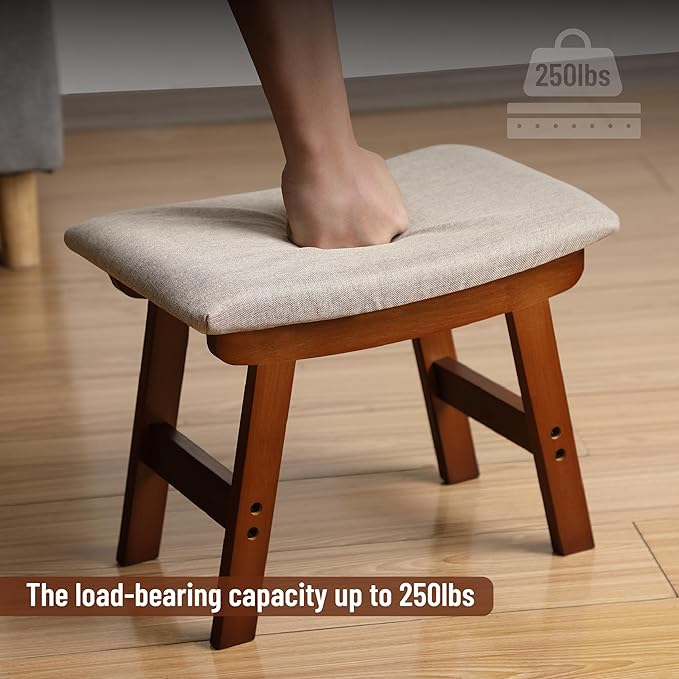 BAMBOO LAND- Bamboo Foot Stools Ottoman, Beige Cushion & Brown Wood Legs, Small Ottoman Foot Rest for Couch