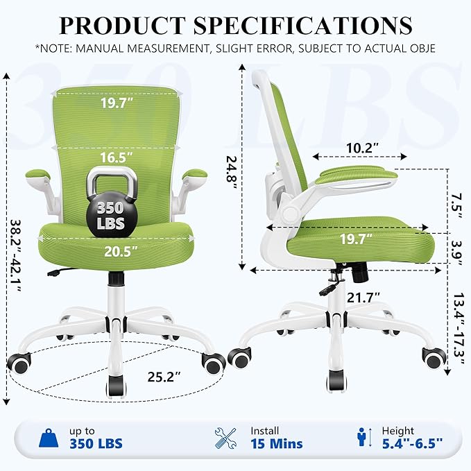 FelixKing Office Chair, Ergonomic Desk Chair Breathable Mesh Chairs Adjustable High Back Lumbar Support Flip-up Armrests, Executive Rolling Swivel Comfy Computer Chairs Home Office Green
