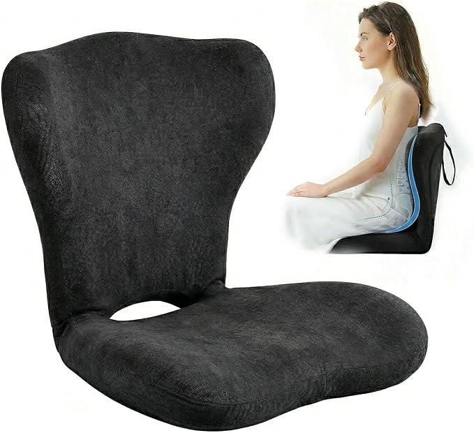 Adjustable Foldable Chair Cushions with Backrest, Lumbar Support Cushion with Detachable Headrest Pillow, Ergonomic Support Seat Cushion Chair for Office, Home, Car & Floor Sitting (Black)