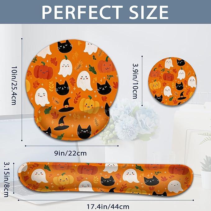 Halloween Wrist Rest Support for Mouse Pad Keyboard Set, Ghosts Pumpkins Black Cats Mouse Pad with Non Slip Rubber Base for Home and Office Typing Support