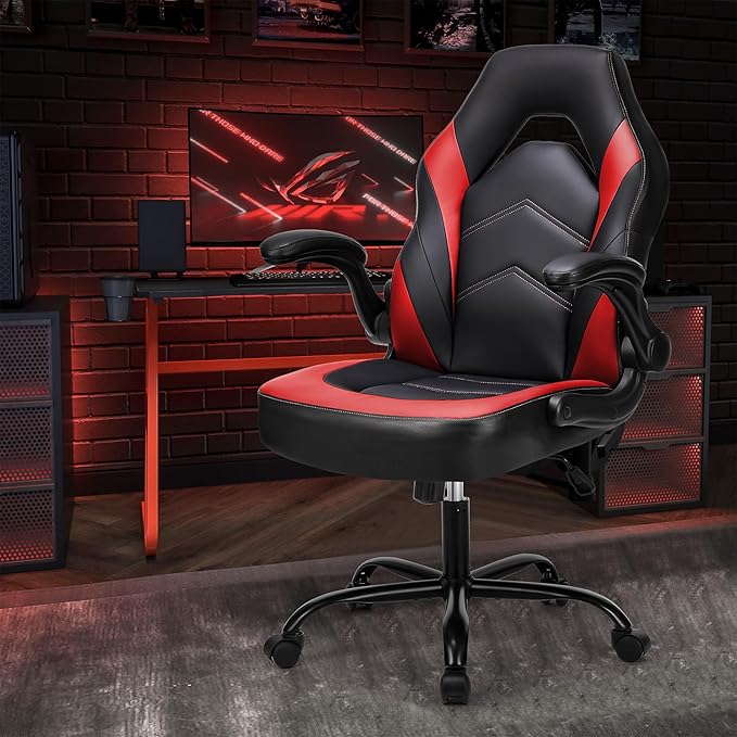 DUMOS Ergonomic Computer Gaming Chair with Flip-up Armrest, Height Adjustable PU Leather Home Office Desk Chair with Lumbar Support Swivel Wheels and for Adults and Kids, Scarlet Red