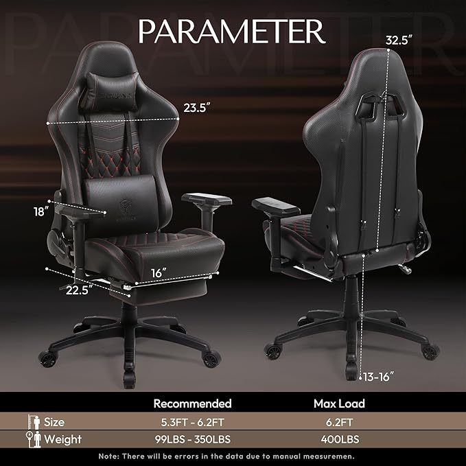 Dowinx Big and Tall Gaming Chair 400LBS, Ergonomic Computer Chair with Massage Lumbar Support & Footrest, High Back Comfortable Office & Gaming Chair with 4D Armrests, PU Leather, Black