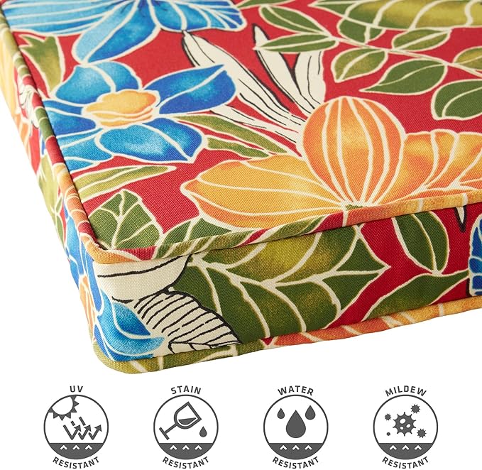 Outdoor 18 inch Square Patio Dining Chair Pads – Comfortable Fiber-Filled Seat Cushions with Ties, Reversible Polyester Fabric - Aloha Red Floral, Set of 2