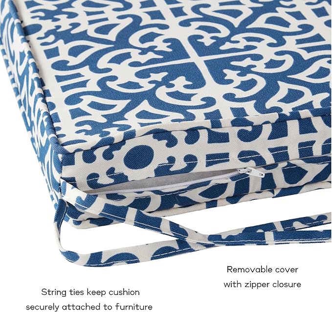 Outdoor 18 inch Square Patio Dining Chair Pads – Comfortable Fiber-Filled Seat Cushions with Ties, Reversible Polyester Fabric - Indigo Blue Lattice, Set of 4