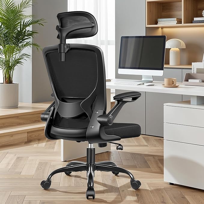 BESTFAIR Office Chair Ergonomic Desk Chair, Breathable Mesh Office Chairs with Adjustable Lumbar Support, Flip-Up Arms, Computer Desk Chair Comfy for Home Office, Black