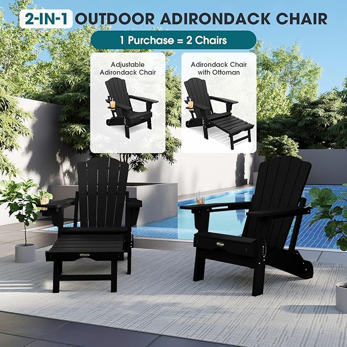 THOEOE Adjustable Adirondack Chair with Retractable Ottoman, HDEP Folding Adirondack Chairs with Footrest 2-in-1 Cup Holder, All Weather Outoor Fire Pit Chair with Foot Rest Set 1 Black