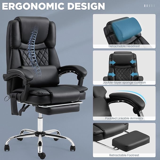 HOMREST 3D Kneading Massage Office Chair with 16 Kneading Nodes & Lumbar Support,Ergonomic Reclining Desk Chair with Footrest & Linkage Armrests,PU Leather Executive Chair with for Home Office (Black)