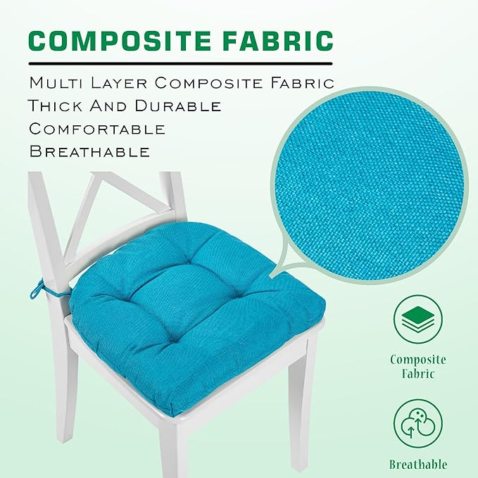 SQUARE MOON Chair Cushions for Dining Chairs, 3 Inch Thick Comfortable Kitchen Chair Pads, Dining Room Seat Cushions with Ties, Machine Washable, 17" x 16" x 3", 4/Pack, Lake Blue