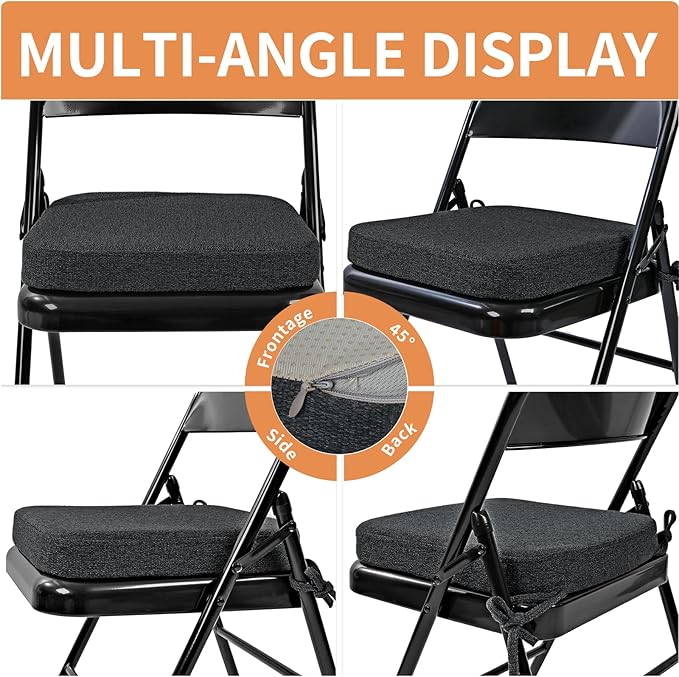 SINOSSO Memory Foam Chair Cushion for Folding Chair 1 Pcs, Thickened 2" Square Kitchen Chair Pad with Ties, Indoor Non-Slip Dining Chair Seat Cushion (1 Piece, Black)