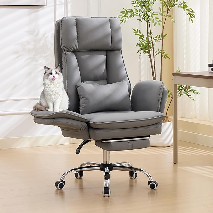 TonghuaS Criss Cross Office Desk Chair with Foot Rest and Flip Armrests for Pets Friendly & Extra Space, Comfortable Ergonomic Reclining Gaming Computer Chair with Lumbar Pillow(Faux Leather Grey)