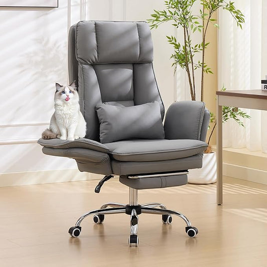 TonghuaS Criss Cross Office Desk Chair with Foot Rest and Flip Armrests for Pets Friendly & Extra Space, Comfortable Ergonomic Reclining Gaming Computer Chair with Lumbar Pillow(Faux Leather Grey)