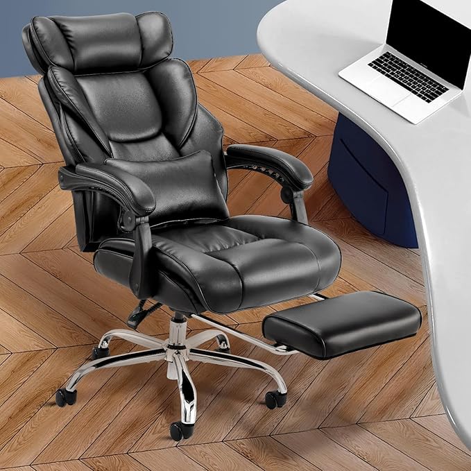 COLAMY Office Chair with Retractable Footrest, Ergonomic High Back Design Executive Computer Desk Chair with Removable Lumbar Pillow, 90-135°Reclining, Thick Bonded Leather for Home Office Work, Black