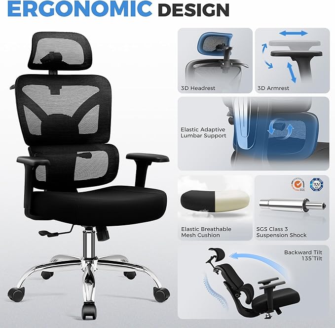 Office Desk Chair, Ergonomic Office Chairs with Lumbar Support, Breathable Mesh Desk Chair with Thickened Cushion Comfy for Home Office, Work, 300Lbs, Black
