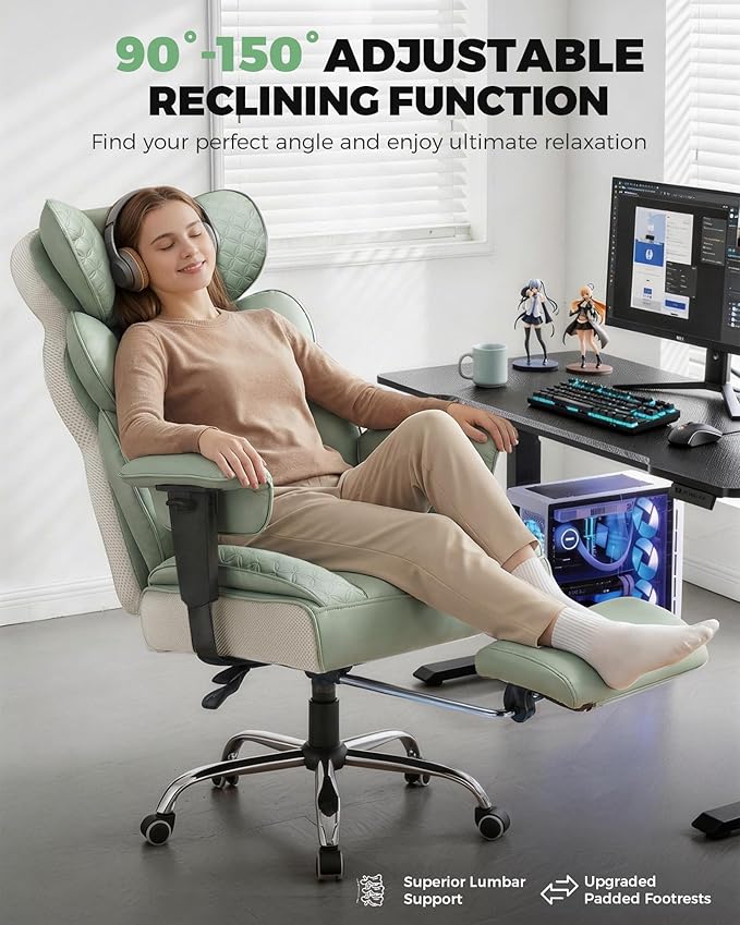 GTPLAYER Big and Tall Gaming Chair Ergonomic Heavy Duty Office Chair Racing Seat with Adjustable Lumbar Pillow Footrest 150° Reclining Thickened Armrests Breathable Mesh for Esports/PC Gaming