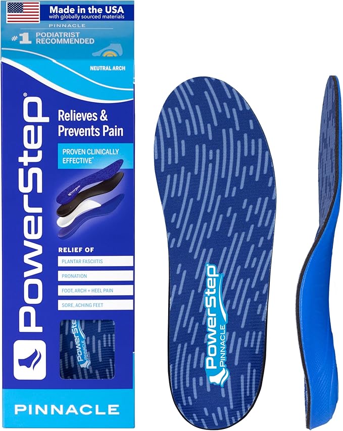 PowerStep Pinnacle Insoles, Orthotics for Plantar Fasciitis Relief, Made in USA Orthotic Insoles, Arch Support Inserts with Moderate Pronation, #1 Podiatrist Recommended (M 8-8.5, W 10.10.5)