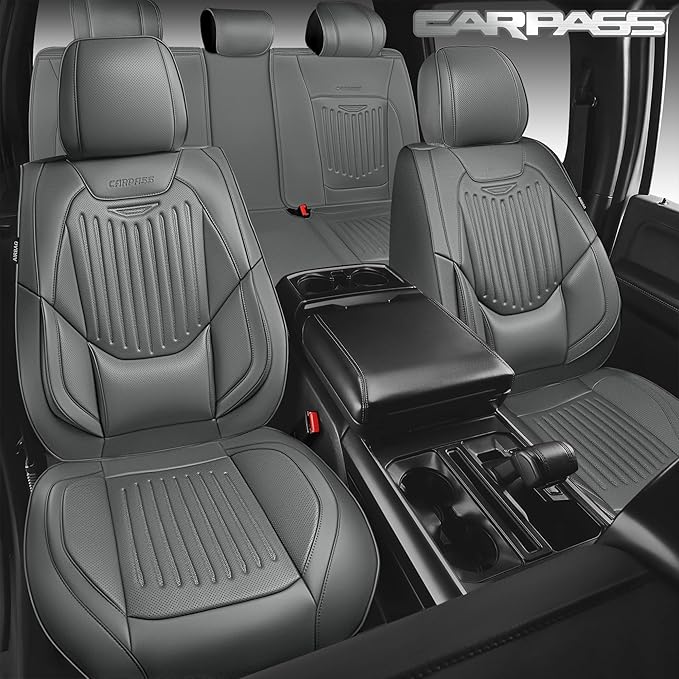 CAR PASS Luxury Nappa Leather Car Seat Covers Full Set, Lumbar Support Seat Covers for Car 5 Seats, Waterproof Car Seat Protector, Automotive Seat Covers Universal Fit for Most Sedans SUV Trucks Gray