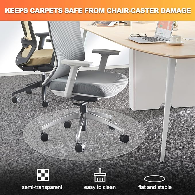 Chair Mat for Carpet- Low Pile (1/4" Thick) Carpet Protector for Office Gaming Computer Desk Chair. Heavy Duty Desk Chair Mat for Carpeted Floors, Semi Transparent (round-39in)