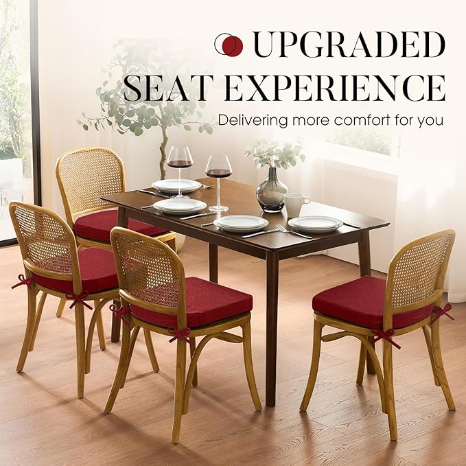Basic Beyond Chair Cushions for Dining Chairs with Ties and Removable Cover, 2" Thick Seat Cushions for Kitchen Chairs, Set of 4, 17" x 16", Red