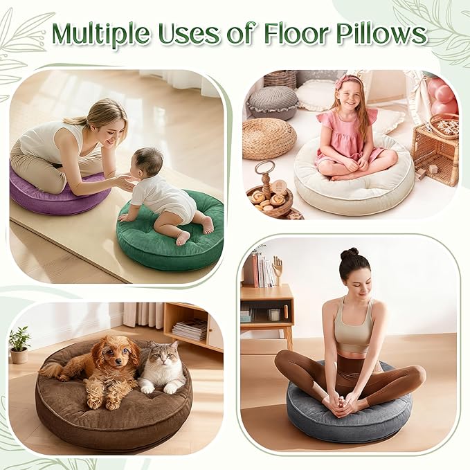 1 MIDDLE ONE Floor Pillow Set of 2, Memory Foam Meditation Cushion, Floor Cushions for Adults Sitting, Large Round Seat Cushions for Yoga, Living Room, 20x20 Inch (Round | Green)