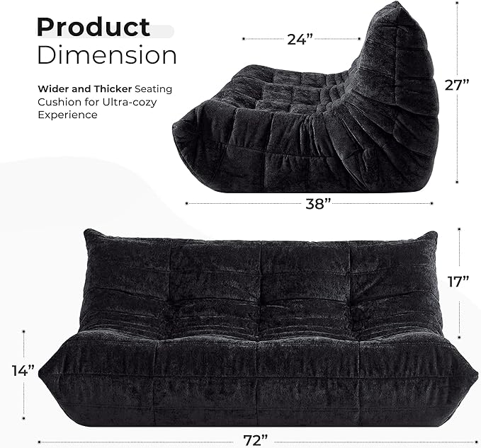 HABUTWAY Bean Bag Chair, Giant Bean Bag Chairs for Adults, 3 Seater Fireside Chair, Lazy Large Floor Bean Bag Sofa for Living Room, Bedroom, Dorm, Office (Black)