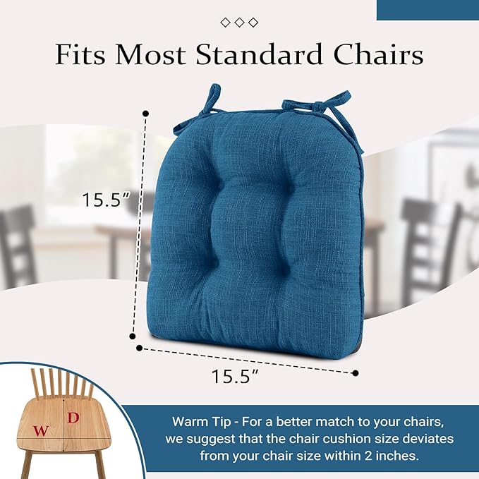 Wellsin Chair Cushions for Dining Chairs, Non-Slip Kitchen Chair Pads with Ties, Tufted Shredded Foam Kitchen Chair Cushions Set of 2, 15.5" X 15.5", Turquoise