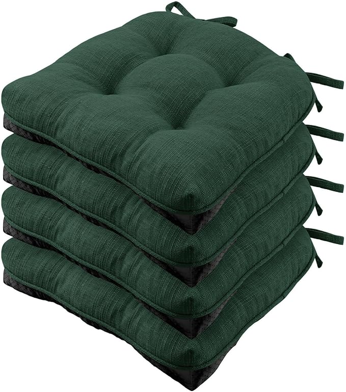 Wellsin Chair Cushions for Dining Chairs, Non-Slip Kitchen Chair Pads with Ties, Tufted Shredded Foam Kitchen Chair Cushions Set of 4, 15.5" X 15.5", Dark Green