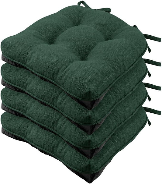 Wellsin Chair Cushions for Dining Chairs, Non-Slip Kitchen Chair Pads with Ties, Tufted Shredded Foam Kitchen Chair Cushions Set of 4, 15.5" X 15.5", Dark Green