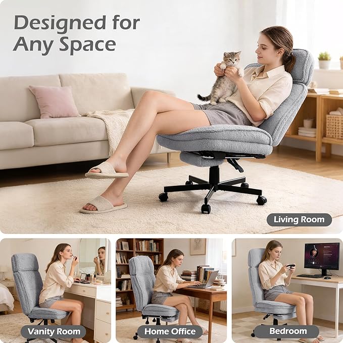 Criss Cross Chair with Wheels - Home Office Desk Chairs with Foot Rest, Morden Comfy Swivel Makeup Chair for Vanity, Ergonomic Cross Legged Office Chair with High Back & Wide Seat, Grey