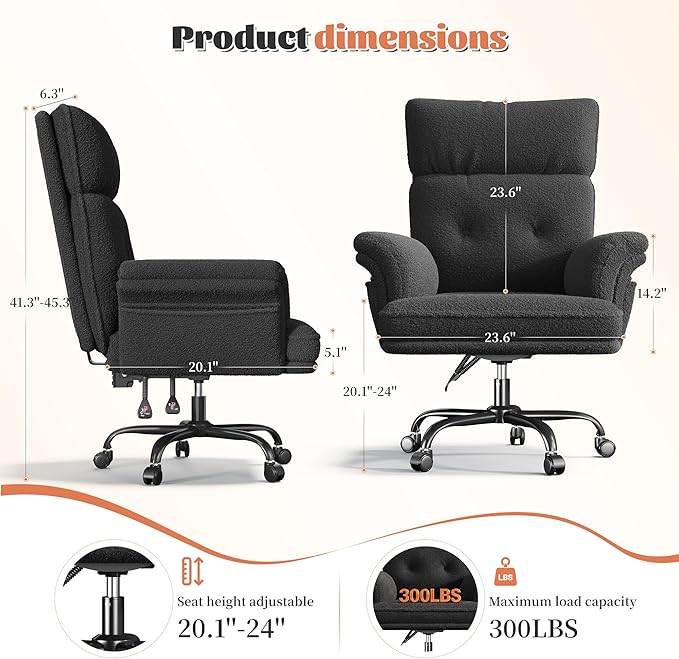 DurayLoly Criss Cross Chair with Wheels and Arms,Teddy Plush Vanity Chair with Side Pockets， Adjustable Home Office Desk Chairs，Computer Chair for Home, Makeup and Office Use,Black