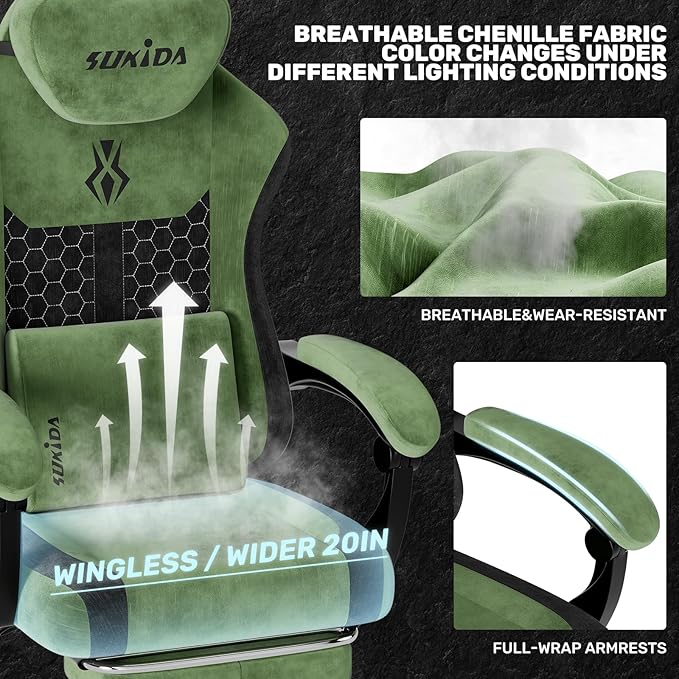 SUKIDA Fabric Video Gaming Chair, Ergonomic High-Back Computer Game Chairs with Large Massage Adjustable Lumbar Support, Headrest and Linked Armrests for Long Hours Sitting Task Chair, Green