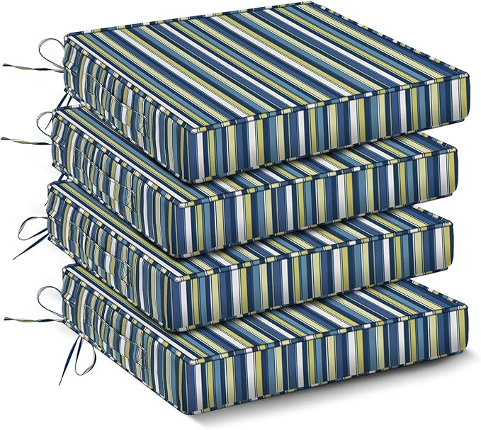 IPYNBAP Outdoor Chair Cushions Set of 4 -Waterproof Outdoor Seat Cushions for Patio Furniture, Patio Chair Cushion with Handle and Ties, Out Door Chair Pads,19x19x3-Square, Blue Stripe