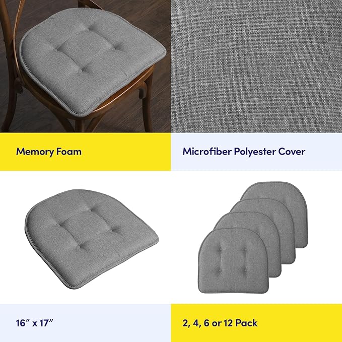 Sweet Home Collection Chair Cushion Memory Foam Pads Tufted Slip Non Skid Rubber Back U-Shaped 17" x 16" Seat Cover, 2 Count (Pack of 1), Grey