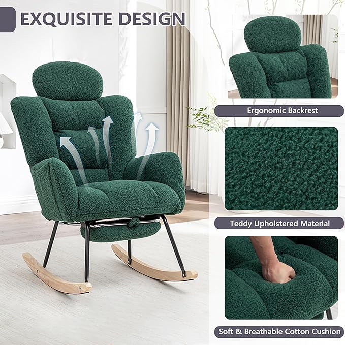 MINCETA Nursing Rocking Chair with Foot Rest, Modern Nursery Chair for Breastfeeding and Relaxing, Upholstered Glider with Head Support, High Back Ergonomic Design for Nursing Mom and Baby, Green
