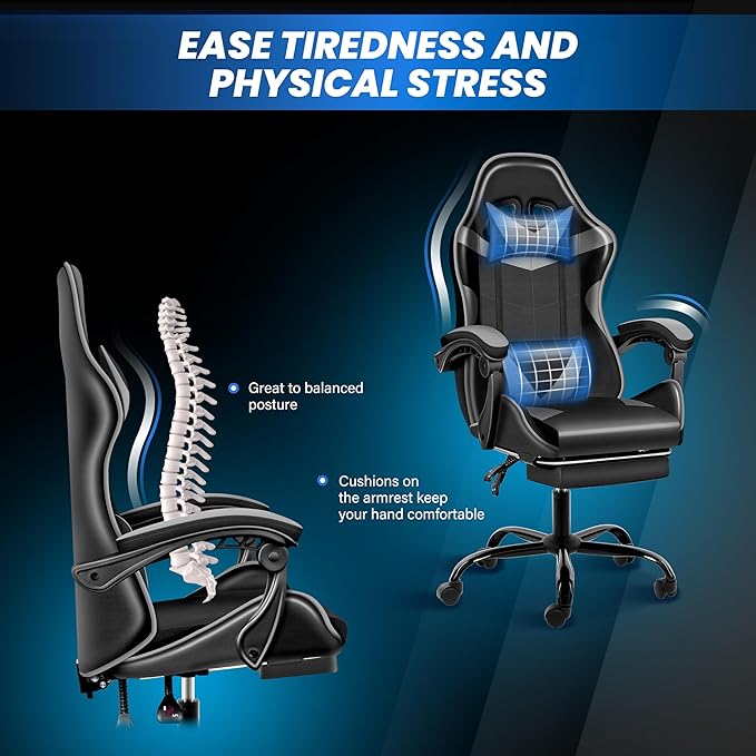 Gaming Chair, Ergonomic Computer Chair with Footrest and Lumbar Support, Height Adjustable Office Chair with 360° Swivel Seat and Headrest