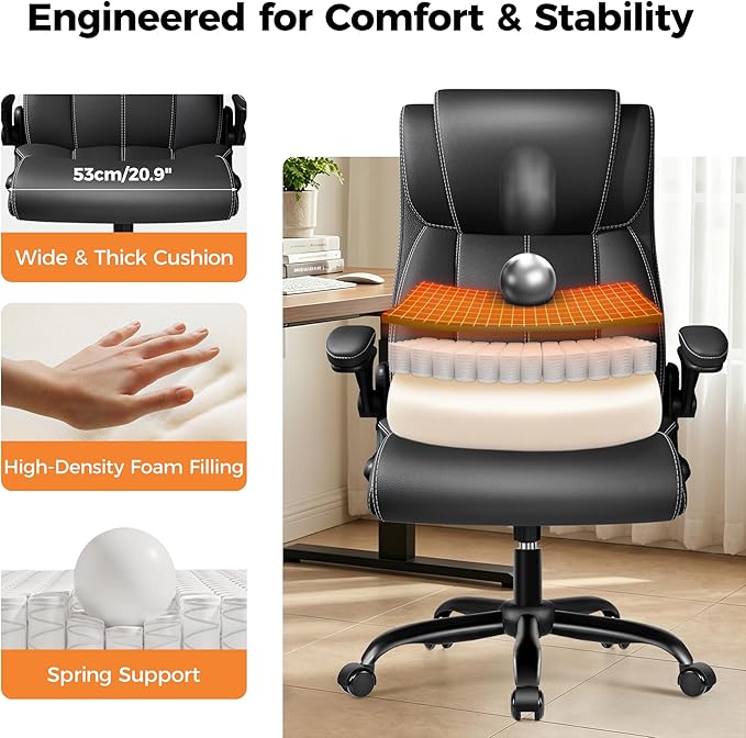Ergonomic Office Chair, High Back Computer Desk Chair, Executive Leather Chair with Adjustable Lumbar Support & Flip Up Arms, Swivel PC Chair for Home Office Gaming