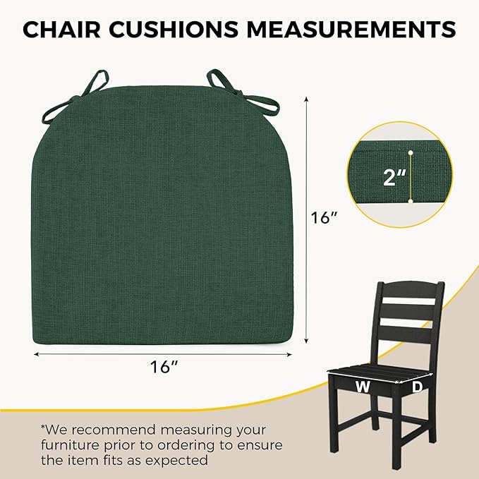downluxe Indoor Chair Cushions for Dining Chairs, Soft and Comfortable Textured Memory Foam Kitchen Chair Pads with Ties and Non-Slip Backing, 16" x 16" x 2", Dark Green, 4 Pack