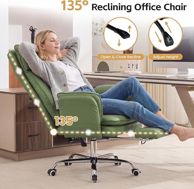 Big and Tall Office Chair, Cloud Reclining Office Chair with Footrest & Flip Armrest for Pets, Executive Ergonomic Criss Cross Desk Chair, Swivel Computer Gaming Chair with Lumber Pillow, PU Green